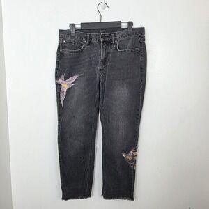 All Saints Black Birds Embroidered Grunge Artsy Raw Hem Cropped Jeans Size 27